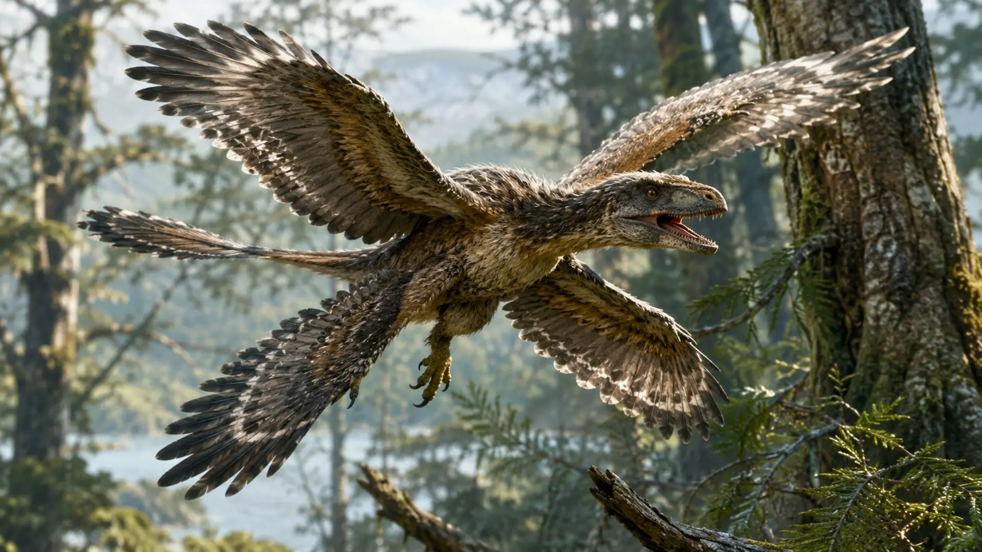 Petit dinosaure à plumes planant dans une forêt préhistorique près d’un lac.