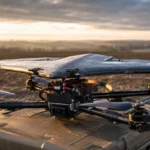 Petit drone quadricoptère avec aile amovible posé sur une caisse de terrain.