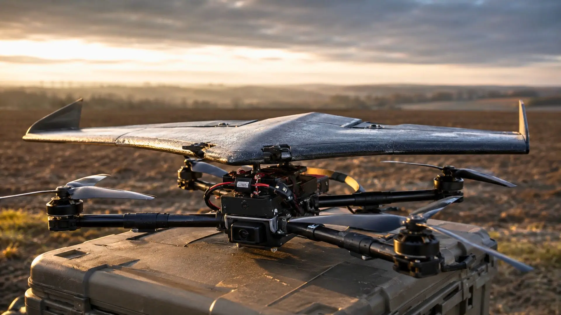 Petit drone quadricoptère avec aile amovible posé sur une caisse de terrain.