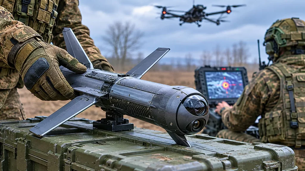 Drone intercepteur lancé depuis une position militaire boueuse sous ciel couvert.