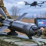 Drone intercepteur lancé depuis une position militaire boueuse sous ciel couvert.