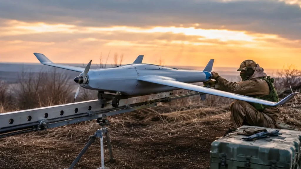 Drone à voilure fixe posé sur rail près d’une route logistique.