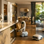 Robots domestiques effectuant des tâches ménagères dans une maison moderne et lumineuse, sans humains présents.