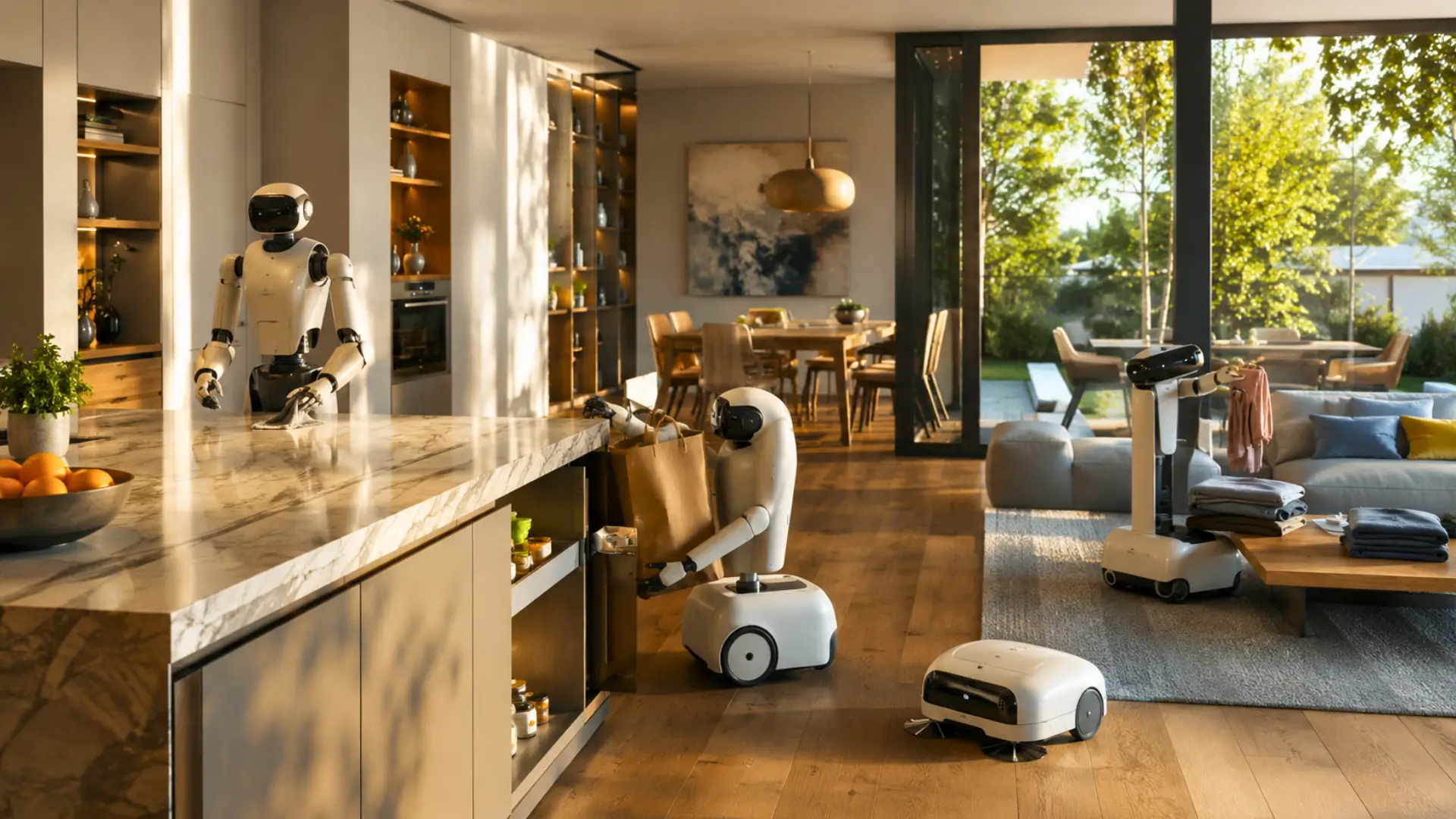 Robots domestiques effectuant des tâches ménagères dans une maison moderne et lumineuse, sans humains présents.
