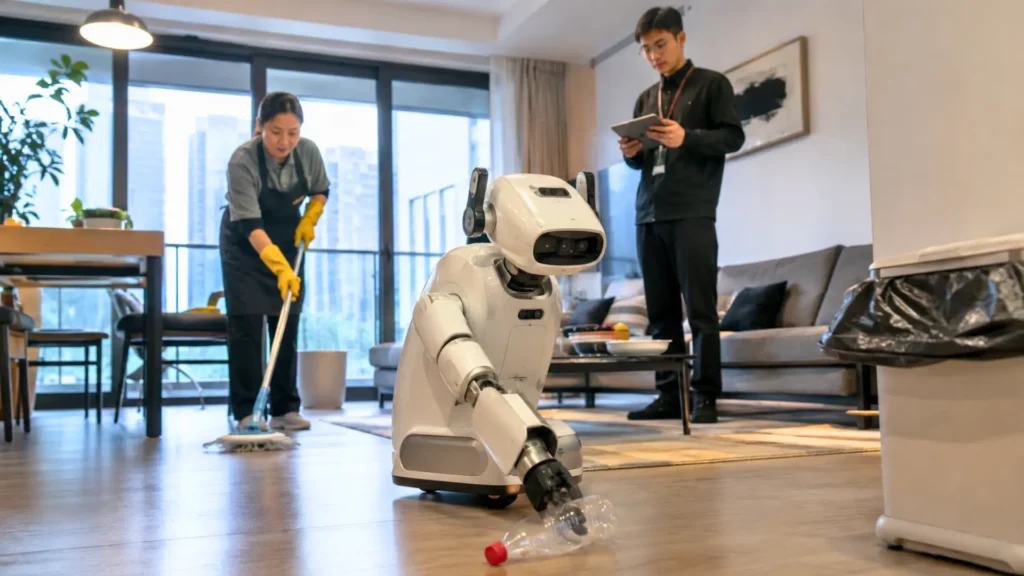 Robot domestique blanc ramassant une bouteille dans un appartement moderne, avec une aide-ménagère et un ingénieur en arrière-plan.