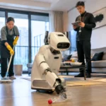 Robot domestique blanc ramassant une bouteille dans un appartement moderne, avec une aide-ménagère et un ingénieur en arrière-plan.