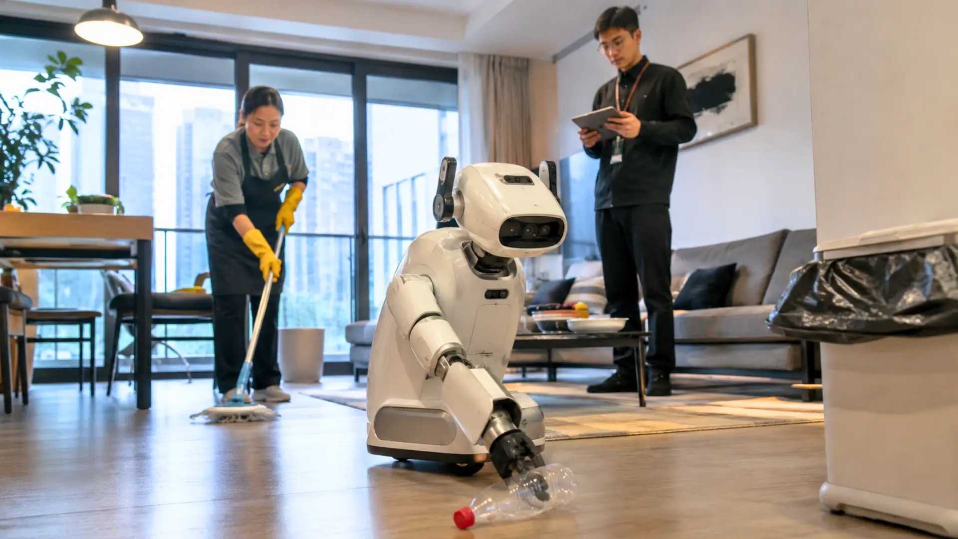 Robot domestique blanc ramassant une bouteille dans un appartement moderne, avec une aide-ménagère et un ingénieur en arrière-plan.