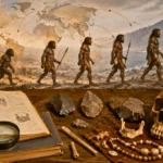 Fossile de mâchoire et outils de pierre posés sur un sédiment ocre.