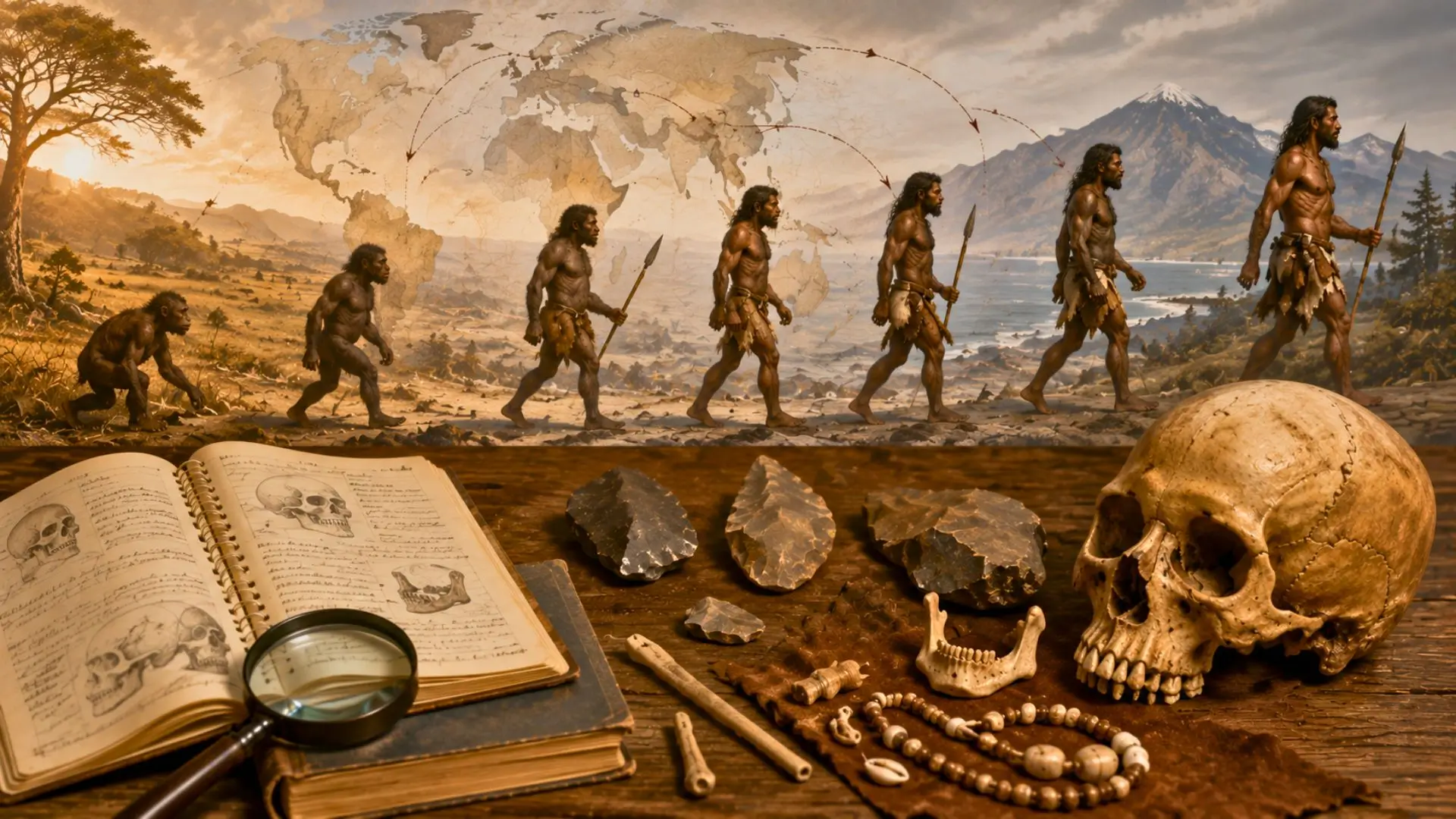 Fossile de mâchoire et outils de pierre posés sur un sédiment ocre.