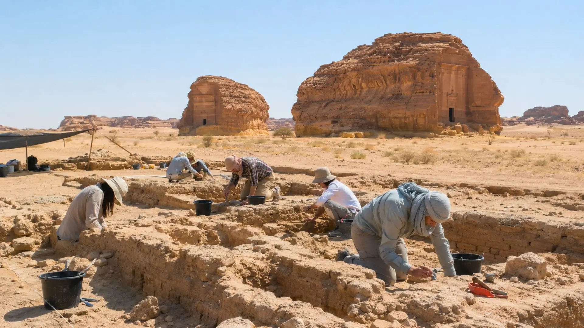 Des archéologues fouillent des vestiges enfouis dans le désert d’Hégra, avec des tombeaux nabatéens sculptés dans la roche en arrière-plan.