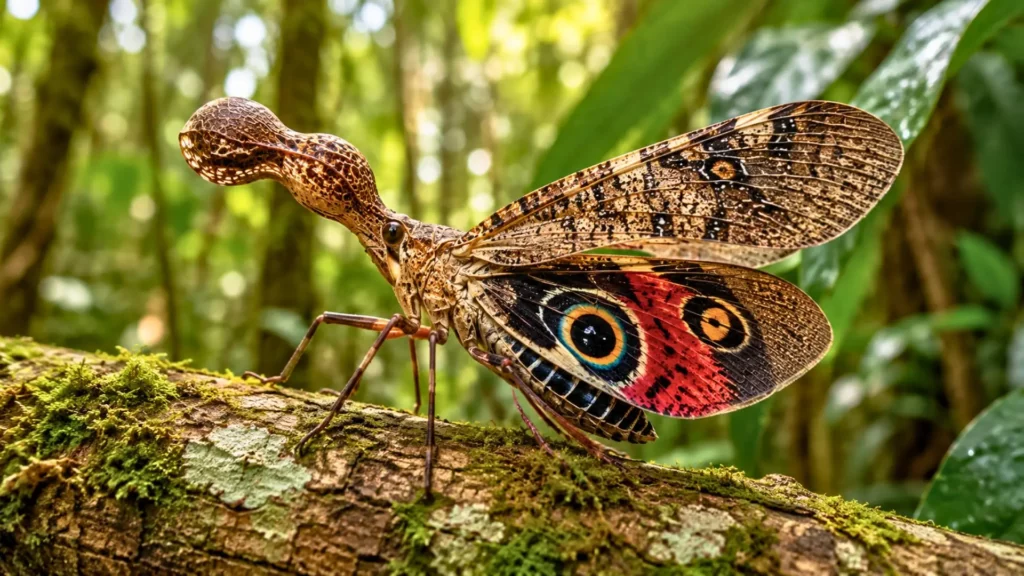 Fulgore porte-lanterne posé sur une écorce moussue en forêt tropicale humide.