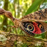 Fulgore porte-lanterne posé sur une écorce moussue en forêt tropicale humide.