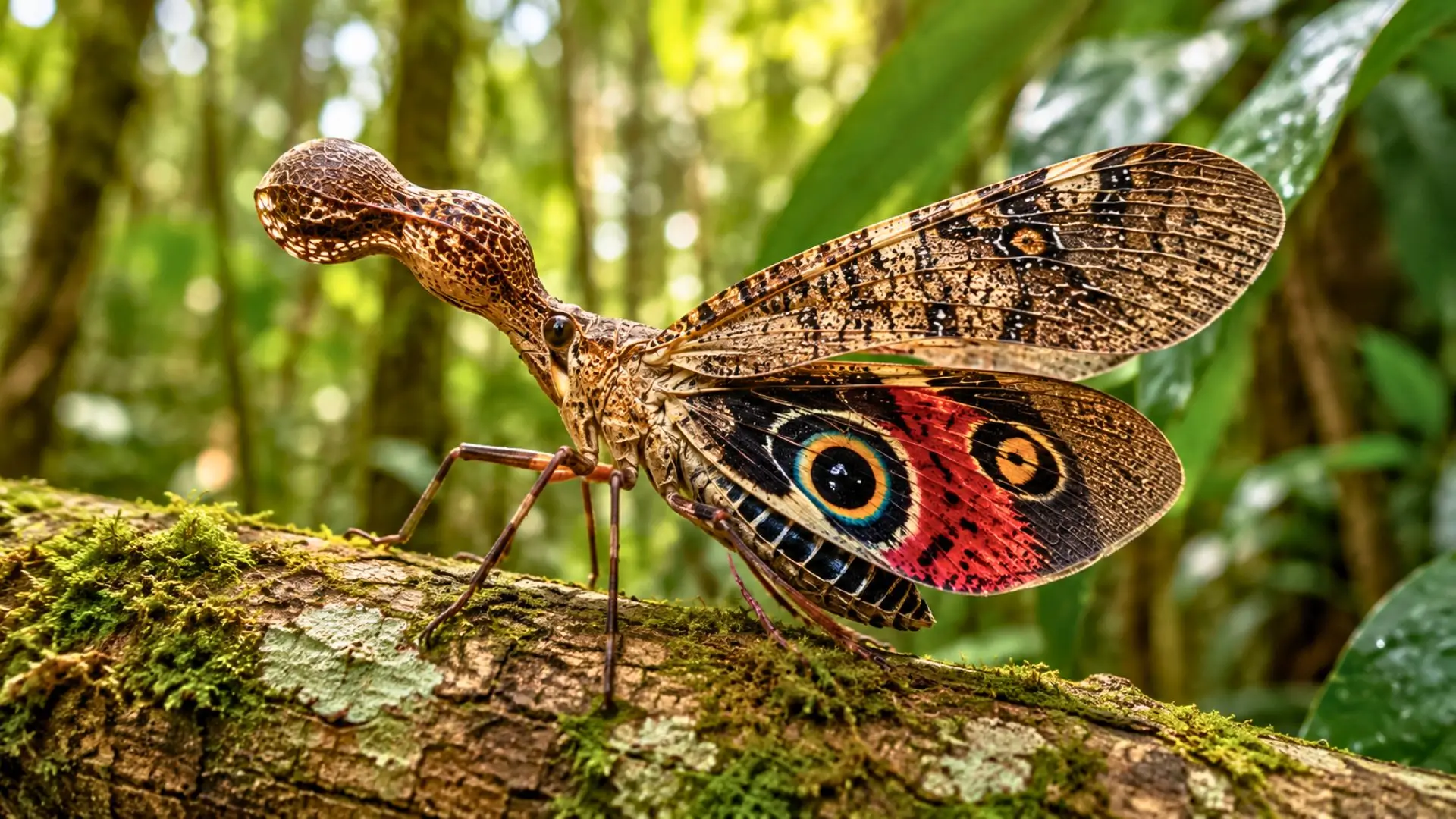 Fulgore porte-lanterne posé sur une écorce moussue en forêt tropicale humide.