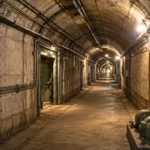 Galerie souterraine en béton éclairée par des ampoules dans une fortification abandonnée.