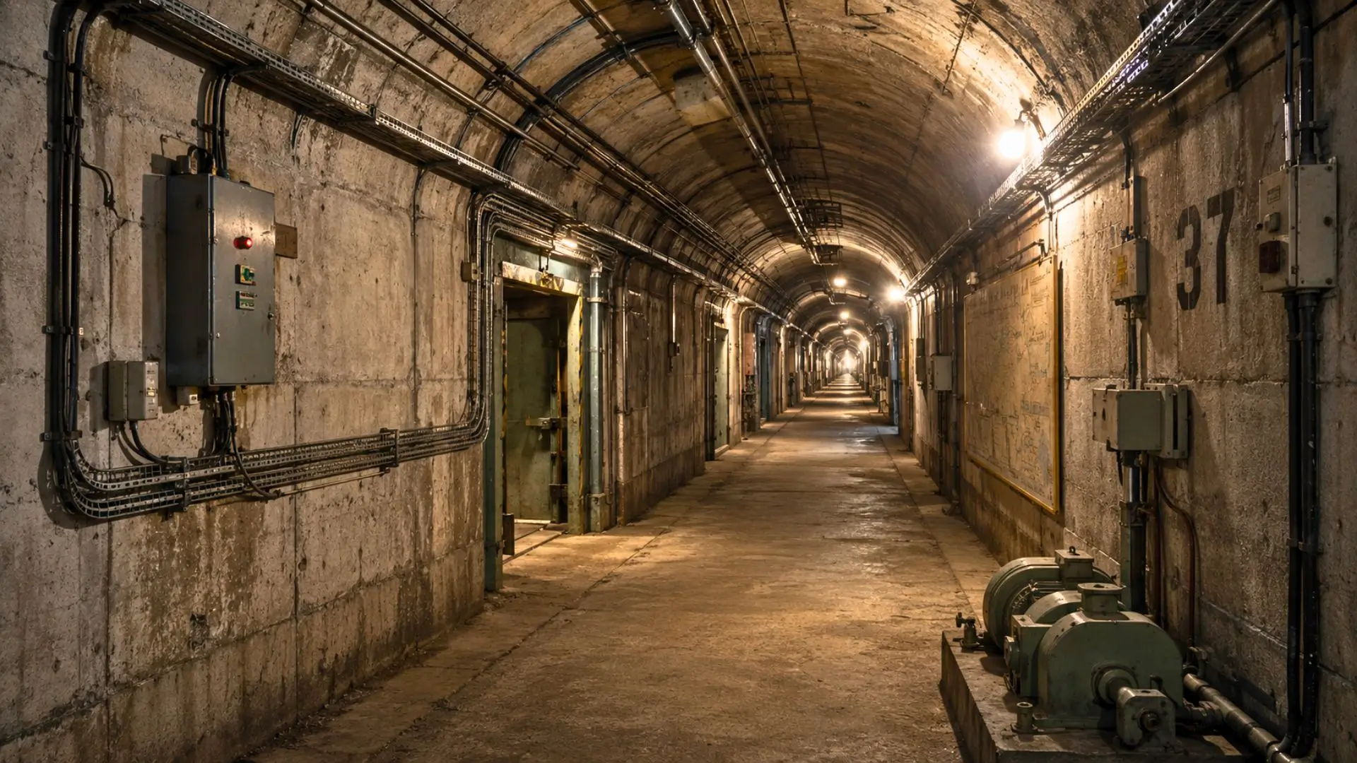 Galerie souterraine en béton éclairée par des ampoules dans une fortification abandonnée.