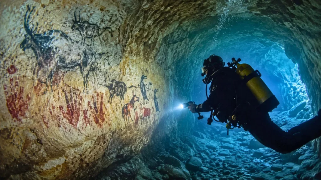 Grotte sous-marine ornée éclairée par un plongeur dans les calanques de Marseille.