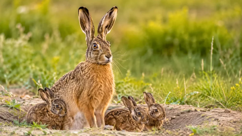 Hase et levreaux immobiles dans une prairie naturelle au lever du jour.