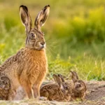 Hase et levreaux immobiles dans une prairie naturelle au lever du jour.