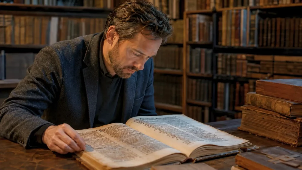 Un chercheur étudie un ancien manuscrit dans une bibliothèque, illustrant l’analyse de l’évolution des mots par l’intelligence artificielle.