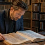 Un chercheur étudie un ancien manuscrit dans une bibliothèque, illustrant l’analyse de l’évolution des mots par l’intelligence artificielle.