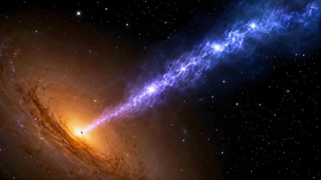 Le trou noir M87* projette un puissant jet de plasma bleuté à travers l’espace, depuis le cœur lumineux de sa galaxie.