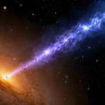 Le trou noir M87* projette un puissant jet de plasma bleuté à travers l’espace, depuis le cœur lumineux de sa galaxie.