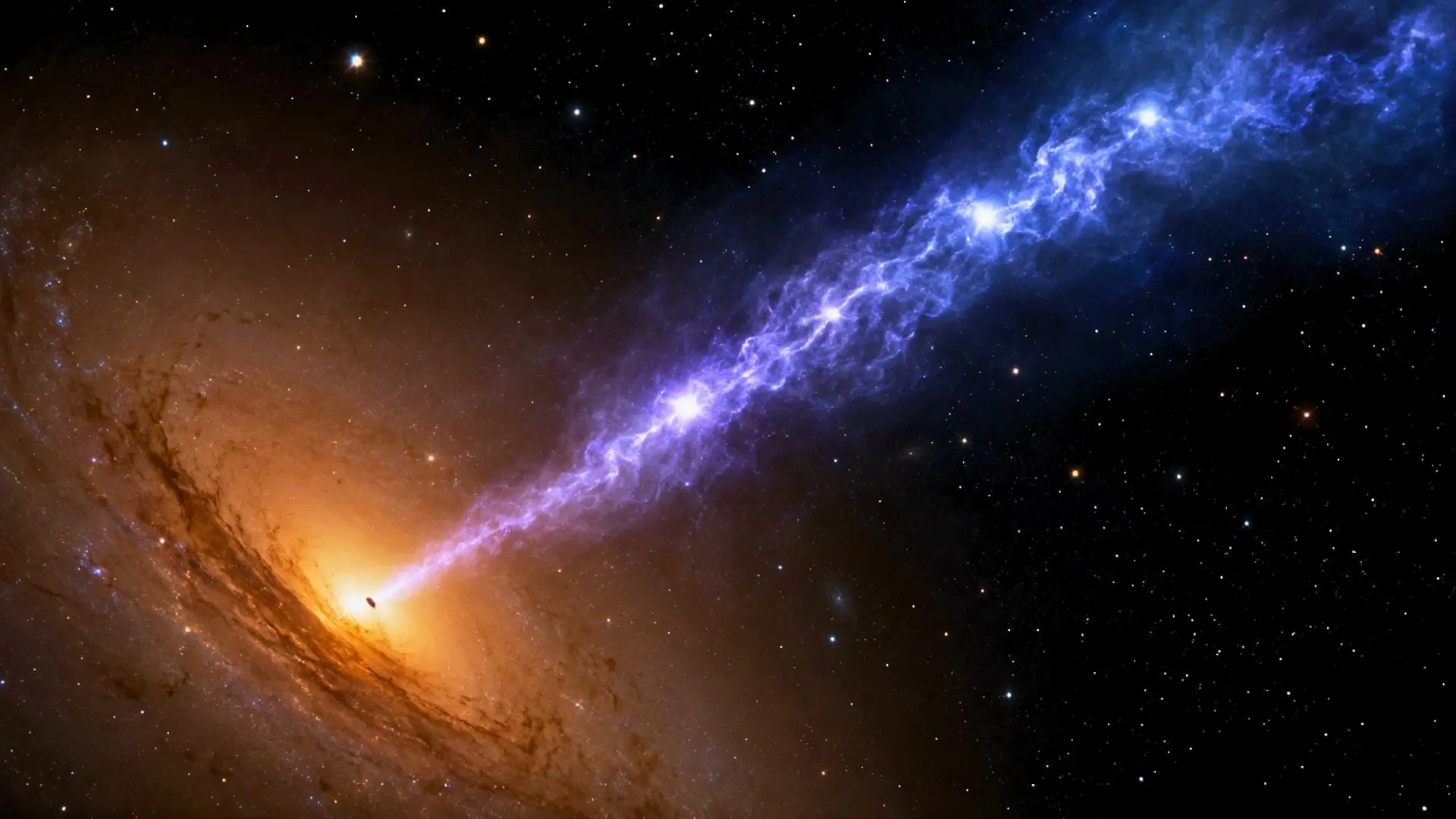 Le trou noir M87* projette un puissant jet de plasma bleuté à travers l’espace, depuis le cœur lumineux de sa galaxie.