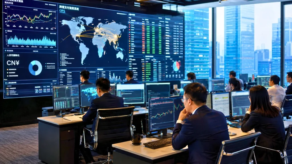 Analystes financiers observant des écrans de paiements internationaux et de données sur le yuan dans une salle de marché moderne en Asie.