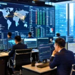 Analystes financiers observant des écrans de paiements internationaux et de données sur le yuan dans une salle de marché moderne en Asie.