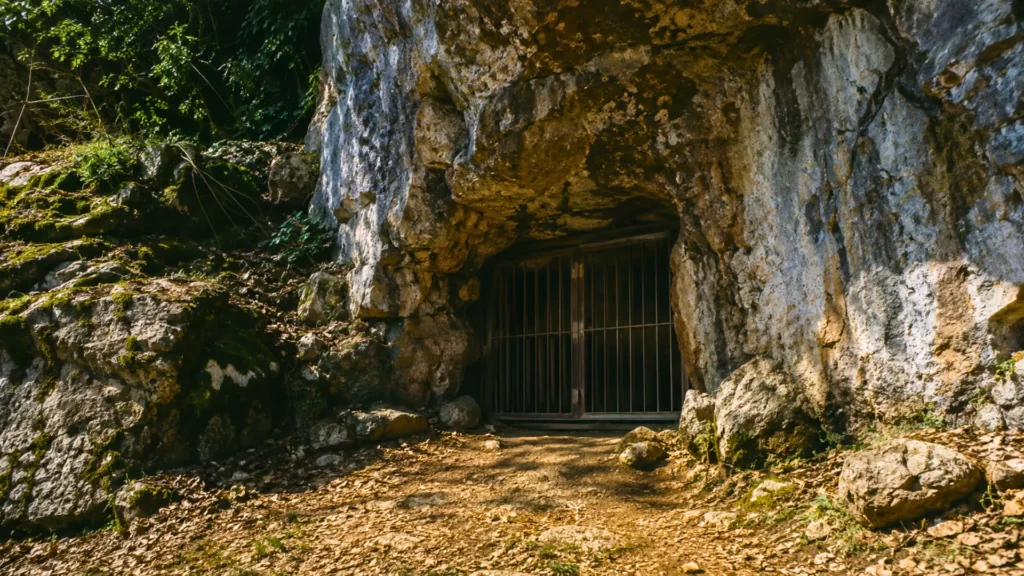 Entrée fermée d’une grotte préhistorique dans une falaise rocheuse, protégée par une grille métallique au cœur d’un environnement naturel.