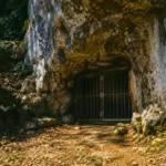 Entrée fermée d’une grotte préhistorique dans une falaise rocheuse, protégée par une grille métallique au cœur d’un environnement naturel.