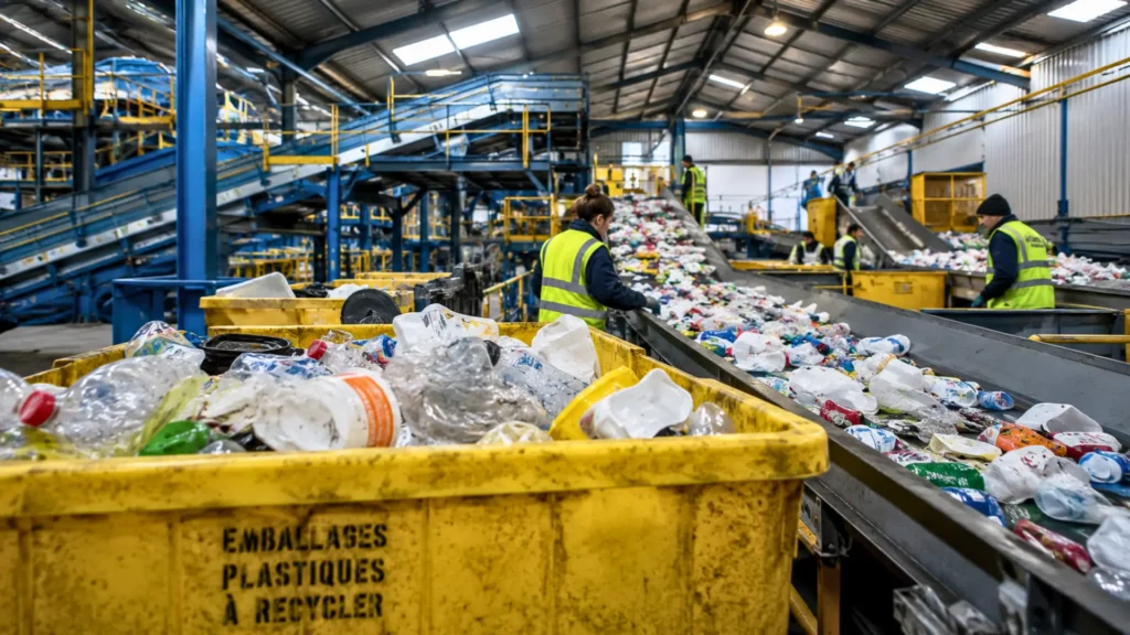Centre de tri avec des emballages plastiques dans des bacs jaunes et sur des tapis de convoyage, inspectés par des agents en gilets de sécurité.