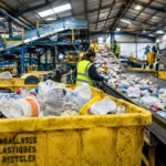 Centre de tri avec des emballages plastiques dans des bacs jaunes et sur des tapis de convoyage, inspectés par des agents en gilets de sécurité.