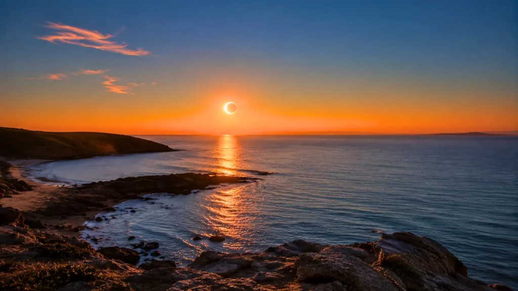 Éclipse solaire partielle au coucher du Soleil au-dessus de l’océan Atlantique, vue depuis une côte rocheuse française.