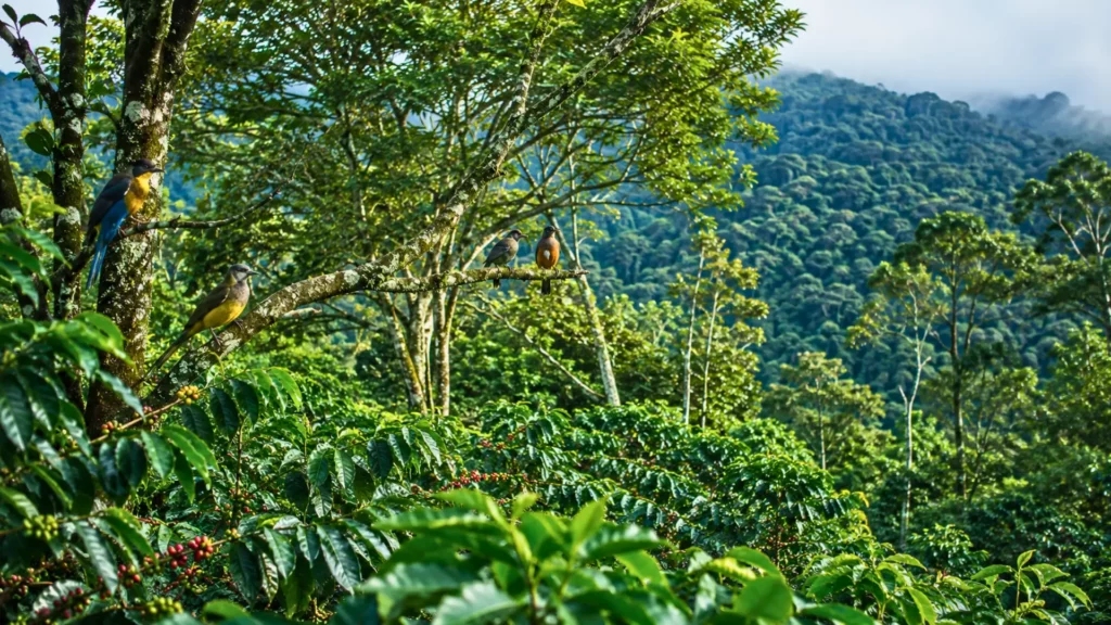 Oiseaux perchés dans une plantation de café d’ombre en Colombie, avec une forêt tropicale dense en arrière-plan.
