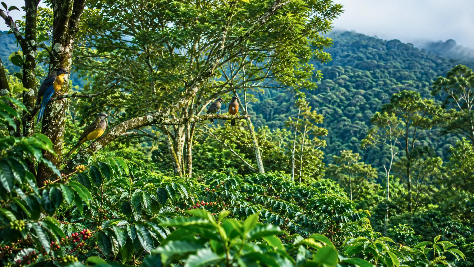 Oiseaux perchés dans une plantation de café d’ombre en Colombie, avec une forêt tropicale dense en arrière-plan.