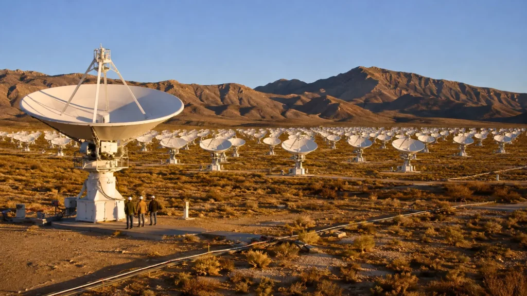 Grand réseau d’antennes radio blanches installé dans un désert du Nevada, avec des ingénieurs au pied d’une parabole géante.