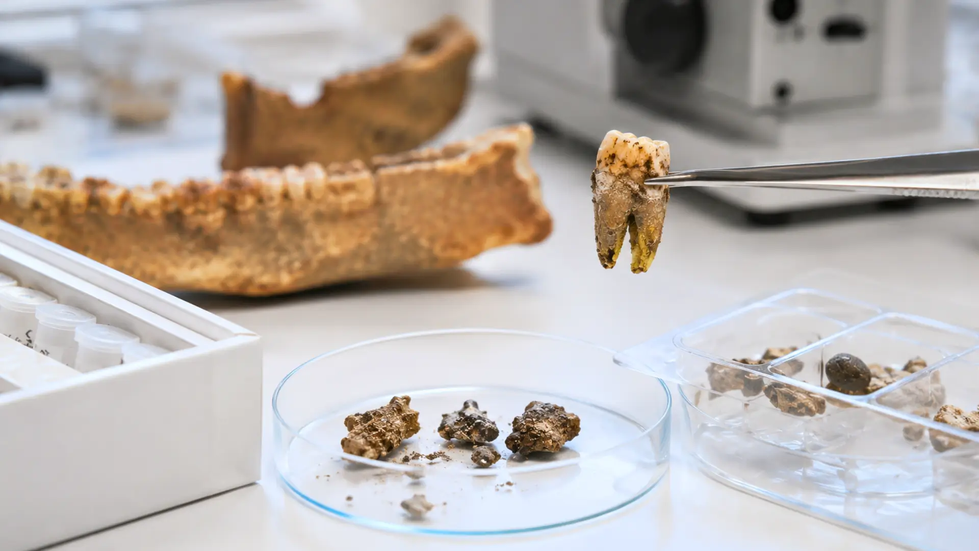 Dent humaine ancienne tenue avec une pince dans un laboratoire, près de fragments archéologiques analysés dans des boîtes de prélèvement.