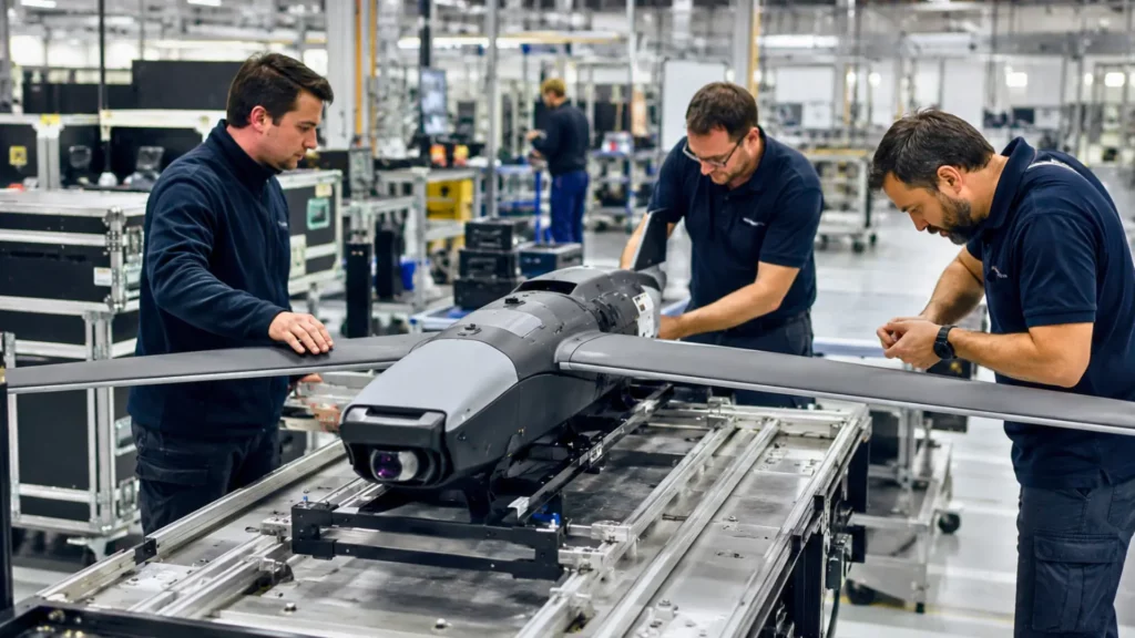 Techniciens inspectant un drone militaire compact sur une ligne d’assemblage industrielle moderne.