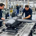 Techniciens inspectant un drone militaire compact sur une ligne d’assemblage industrielle moderne.