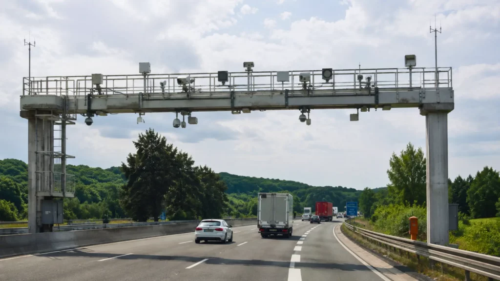 Ancien portique écotaxe équipé de caméras au-dessus d’une route française avec des voitures et camions en circulation.