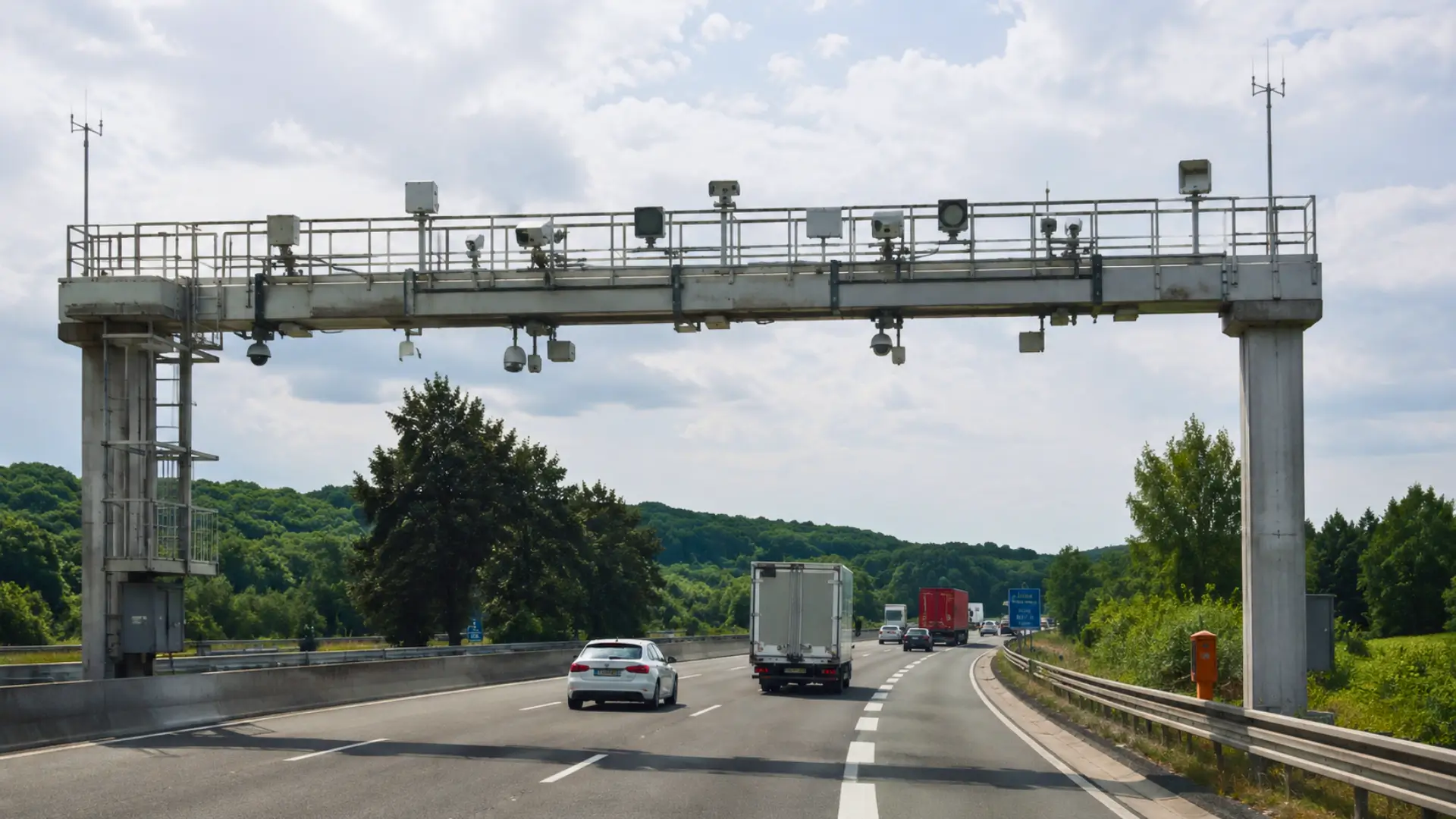 Ancien portique écotaxe équipé de caméras au-dessus d’une route française avec des voitures et camions en circulation.