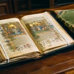 Manuscrit médiéval enluminé ouvert sur une table en bois, accompagné d’une reliure verte ancienne ornée de dorures.