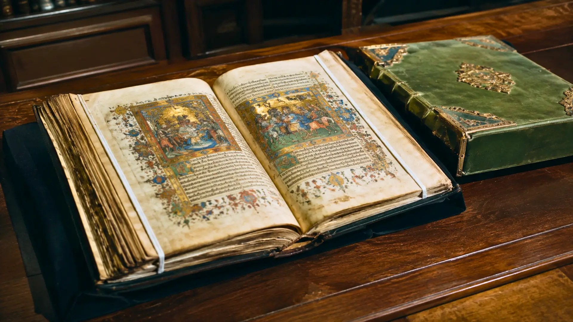 Manuscrit médiéval enluminé ouvert sur une table en bois, accompagné d’une reliure verte ancienne ornée de dorures.