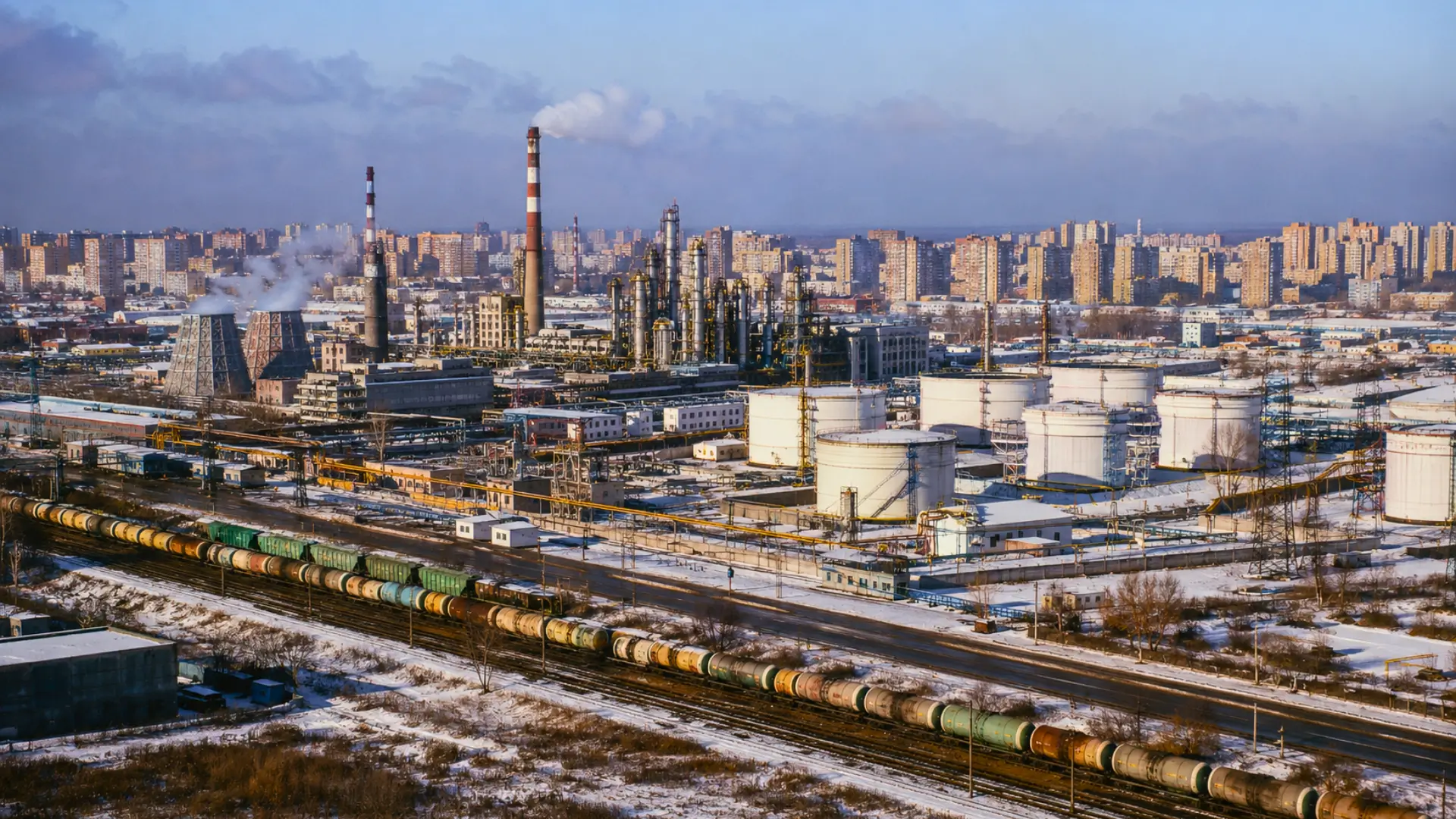 Complexe industriel russe enneigé avec raffinerie, réservoirs de carburant, cheminées, voies ferrées et immeubles urbains en arrière-plan.
