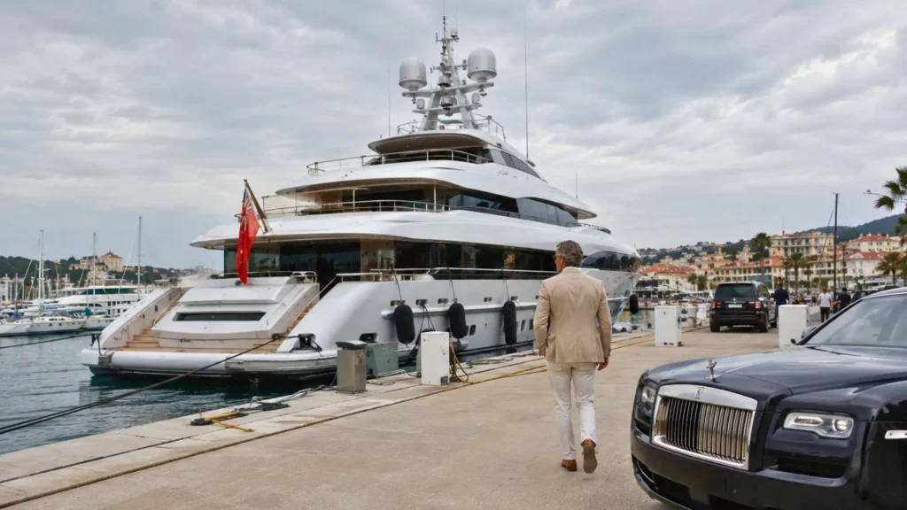 Un homme en tenue élégante marche vers un grand yacht de luxe amarré dans une marina, près d’une voiture haut de gamme.