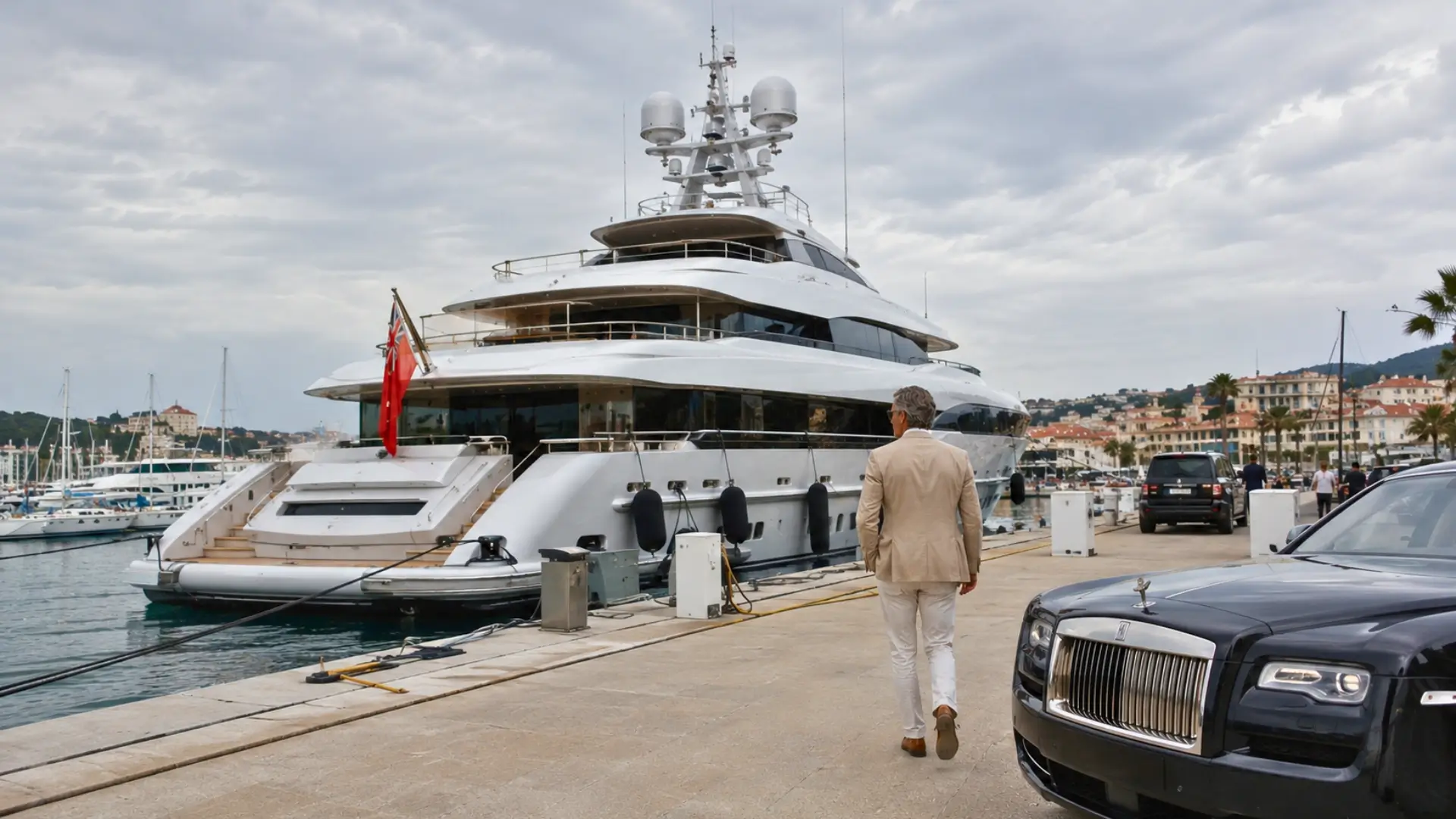 Un homme en tenue élégante marche vers un grand yacht de luxe amarré dans une marina, près d’une voiture haut de gamme.