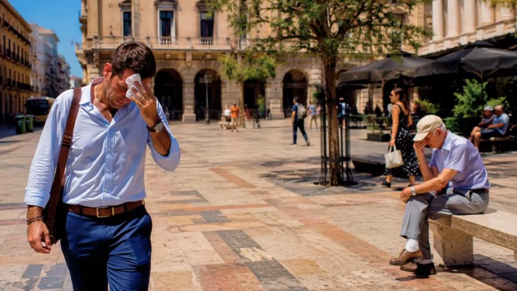 Homme transpirant dans une place européenne en plein soleil pendant une forte vague de chaleur estivale.