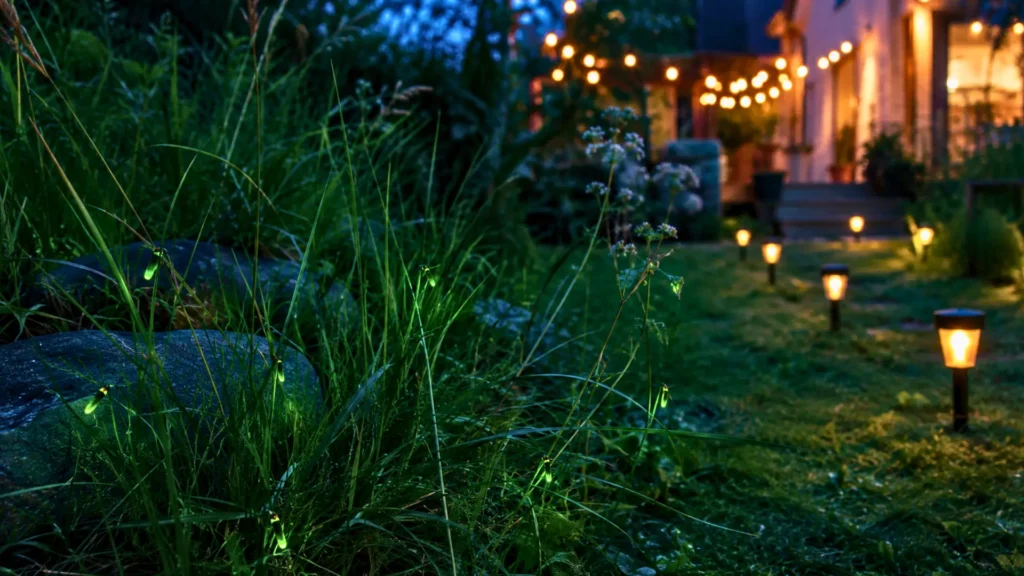 Vers luisants brillants dans les herbes hautes d’un jardin au crépuscule, près de lampes solaires et de guirlandes lumineuses.