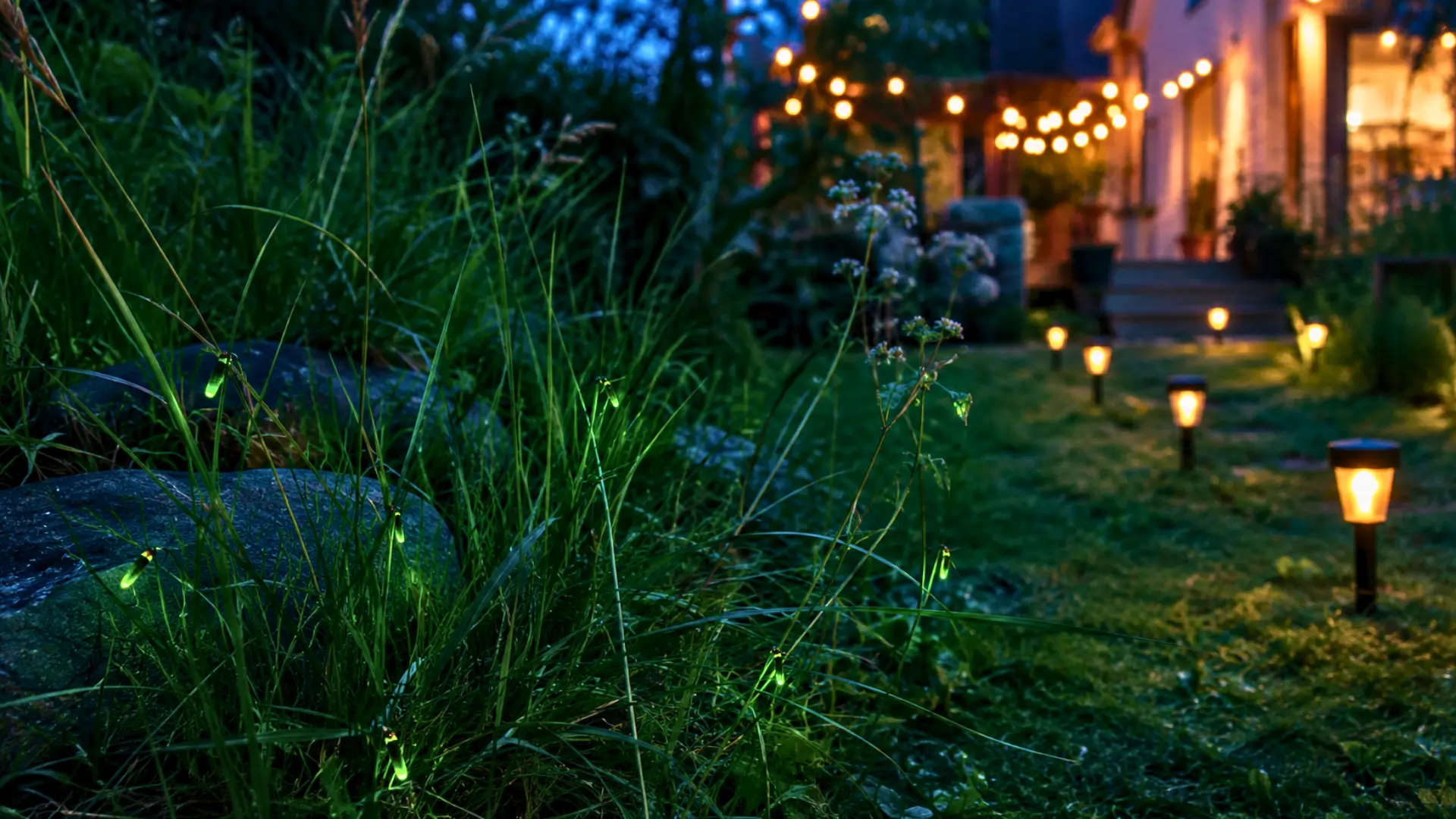 Vers luisants brillants dans les herbes hautes d’un jardin au crépuscule, près de lampes solaires et de guirlandes lumineuses.